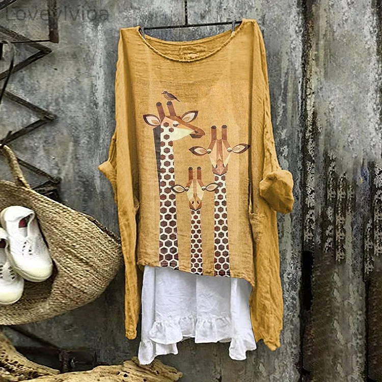 Women's Vintage Giraffe Cozy Linen Blend Tunic