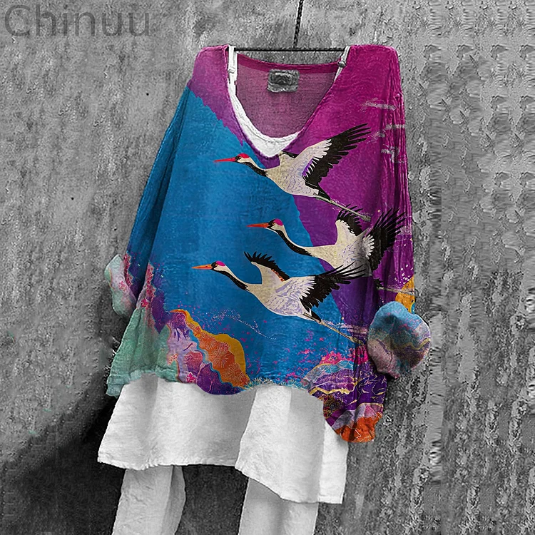 Japanese Art Crane Print V-Neck Loose Blouse