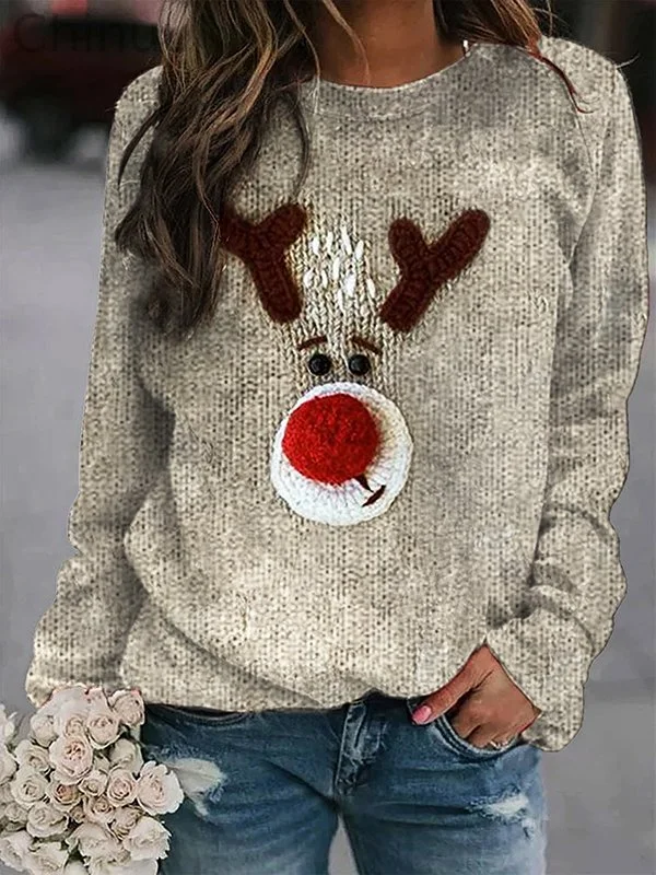 Women's Cute Elk Features Knitted Pattern Print Casual Sweatshirt
