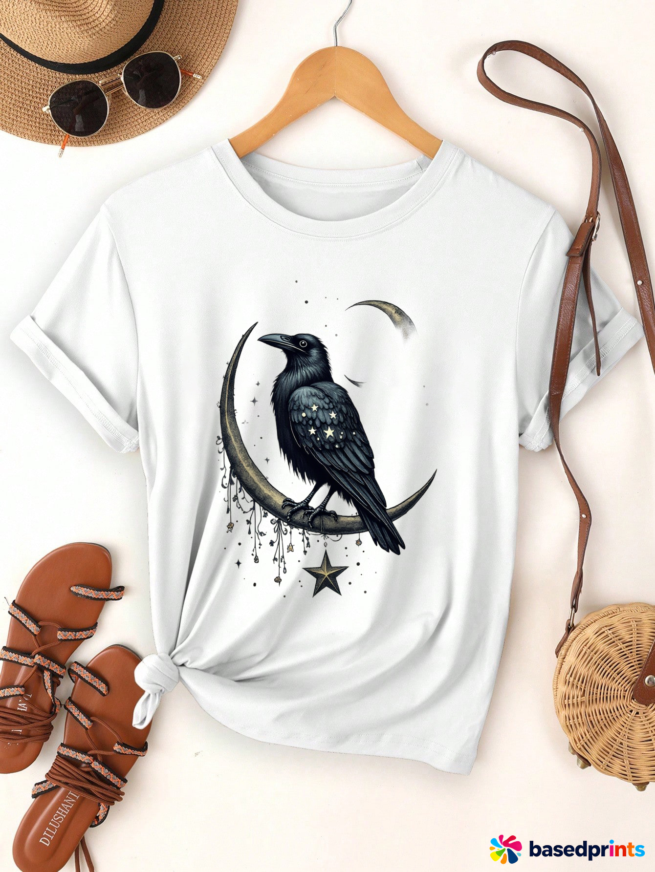 Vintage Black Crow Moon Star Print T-Shirt Women Casual Short Sleeve Tee Tops