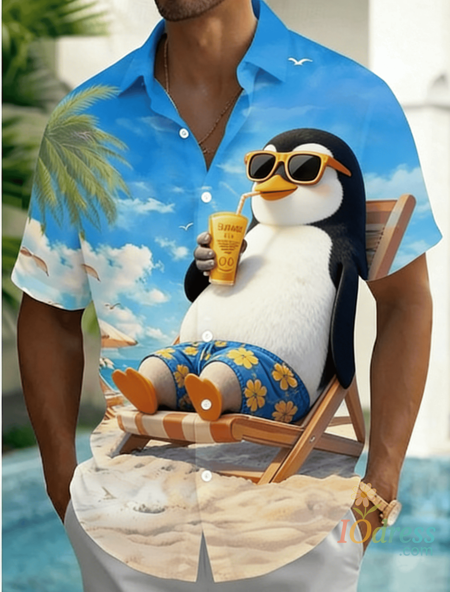 IO Menswear Men's Beach Vacation Cartoon Print Short Sleeve Shirt, Spring Summer Fun Hawaiian Vacation Blouse, Loose Casual Top