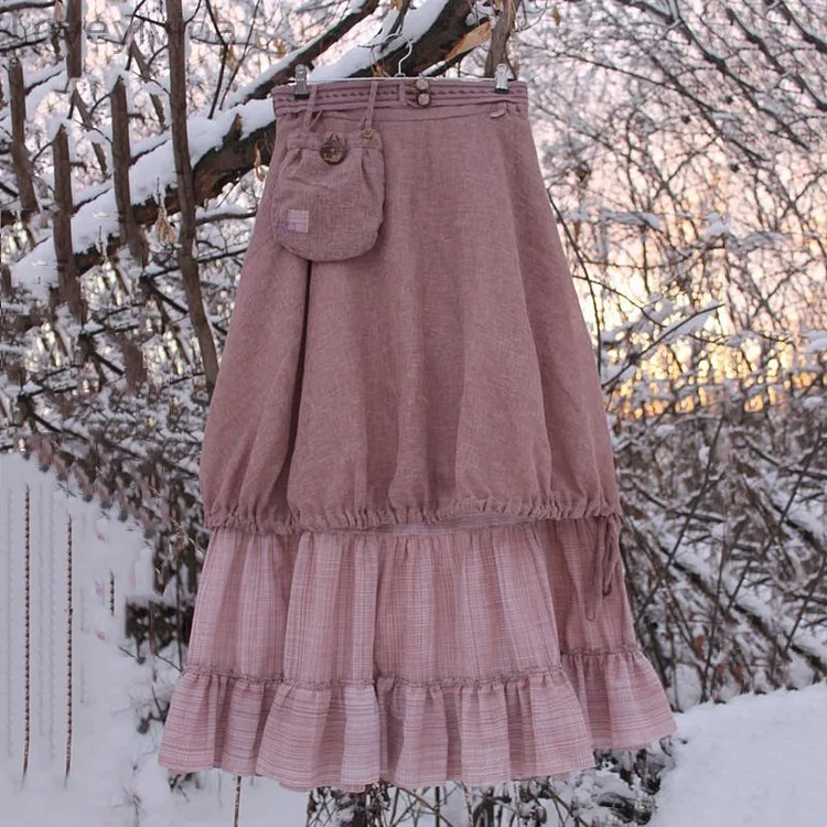 Vintage Cotton Linen Pocket Patch Work Comfy Skirt