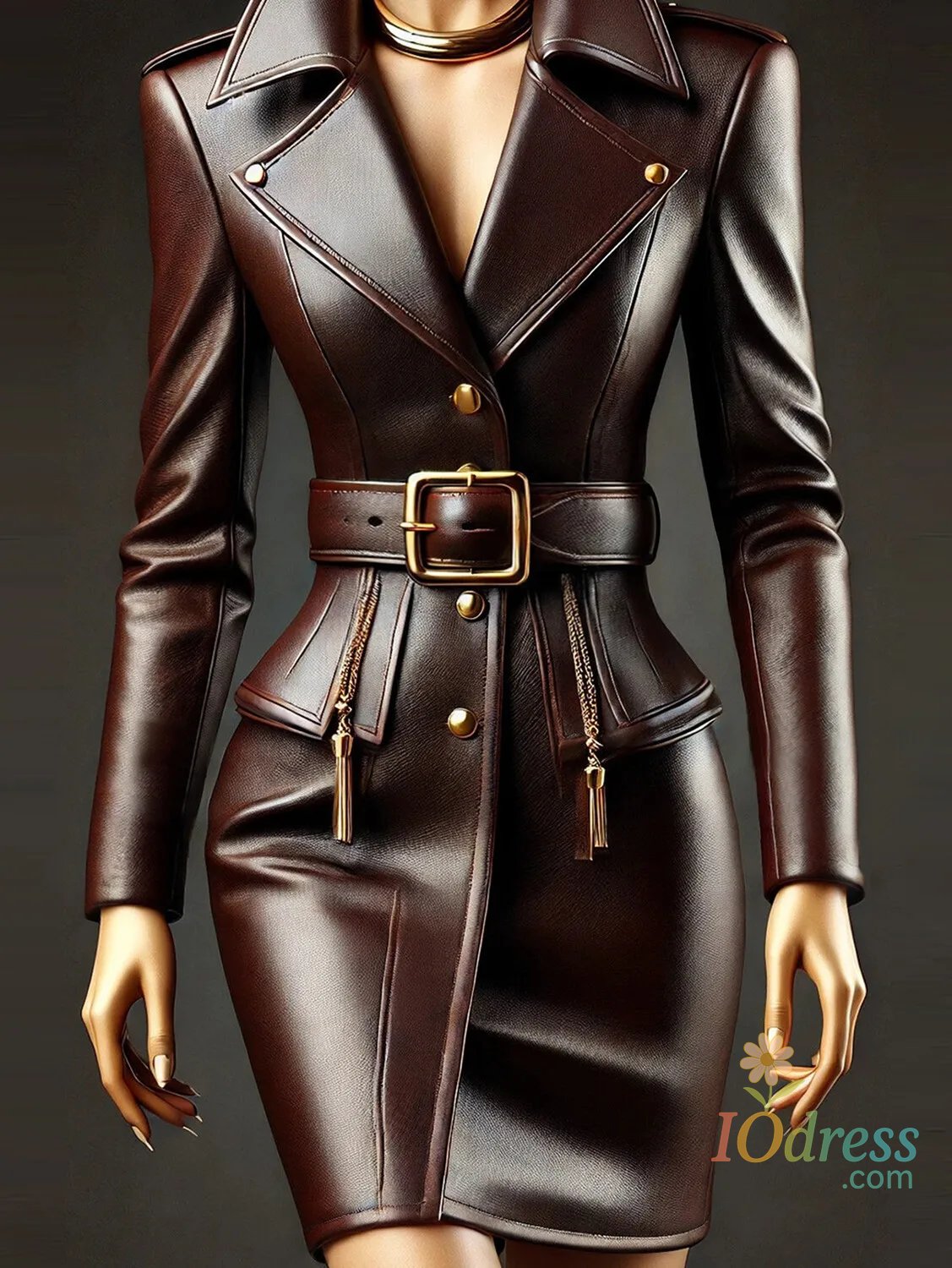 IO Dress Women PU Leather Dress Lapel Collor Button Long Sleeve with Belt Chic Vintage Pockets Slim Elegant Office Lady Mini Dresses