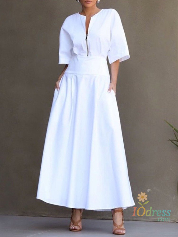IO Dress Yeezzi Women's Cotton Zipper White A-line Dress 2025 New Half Sleeves Solid Color V-Neck Simple Office Commuter Maxi Dresses