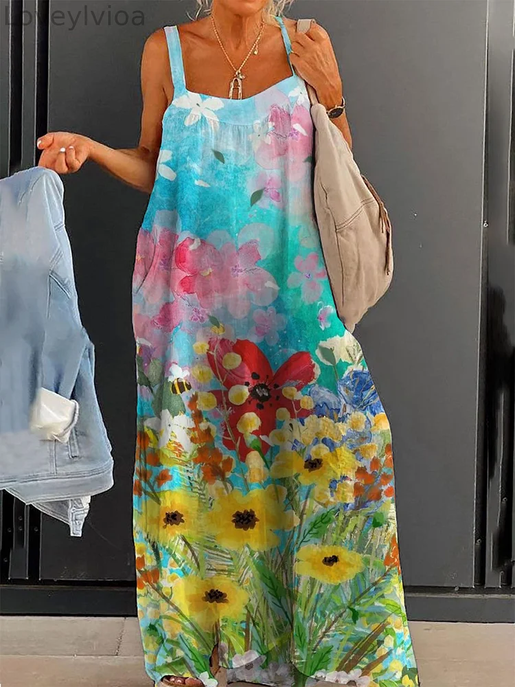 Women's Colorful Flower Painting Printed Large Size Loose Strap Printed Dress Long Skirt