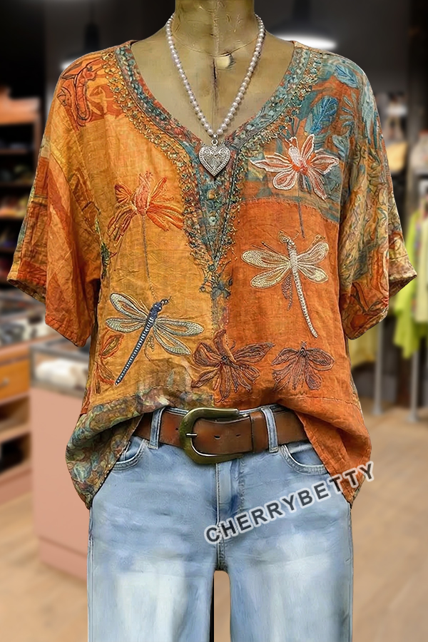 トップス cherryboy407 Retro Floral Embroidered V-Neck Cotton Blouse