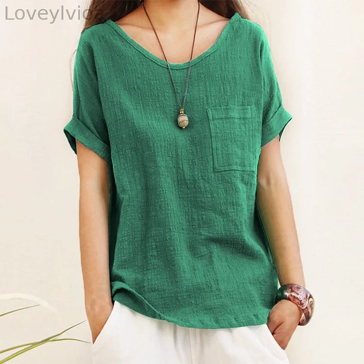Pocket Round Neck Short Sleeve Casual T-Shirt
