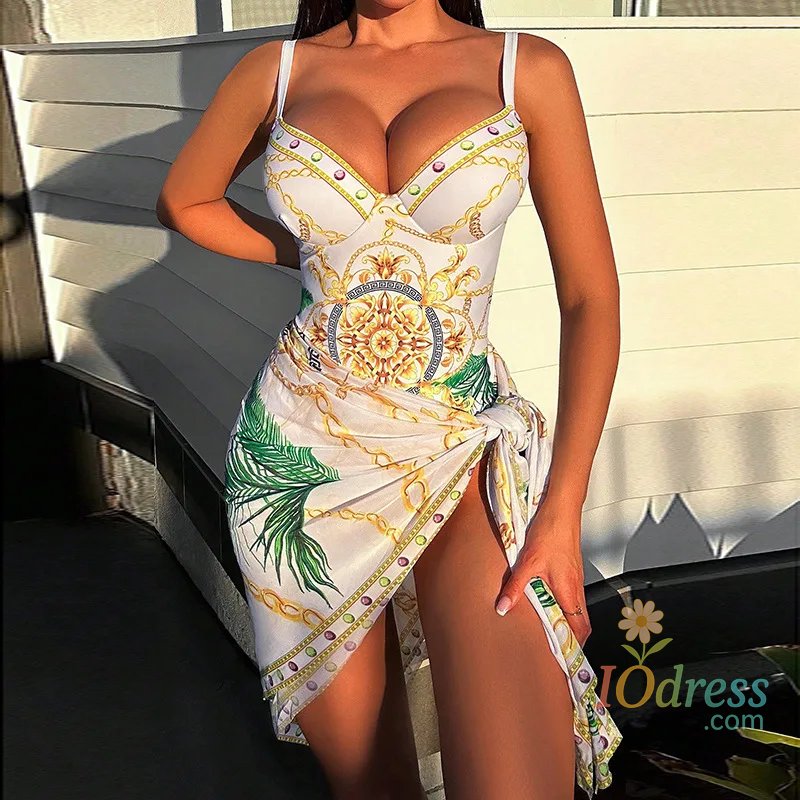 IO Dress 2023 Print Push Up One Piece Swimsuit With Beach Skirt V Neck Swimwear Women Beachwear Bathing Suit Vintage Monokini Summer