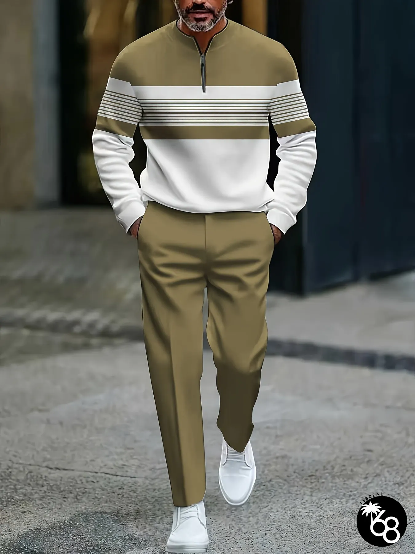 New Fall Styles-Warm, Rustic & Khaki White Stripes Prints Mens Casual Sport Suit Classic | 168DEAL