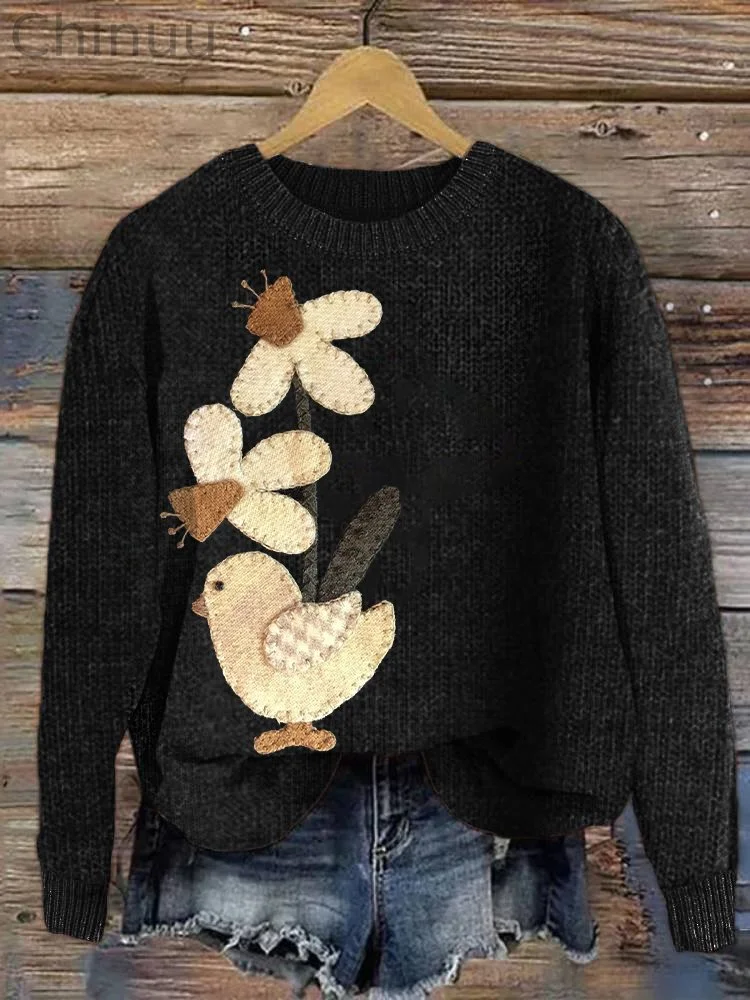 Farm Chicken Print Casual Cozy Knit Sweater