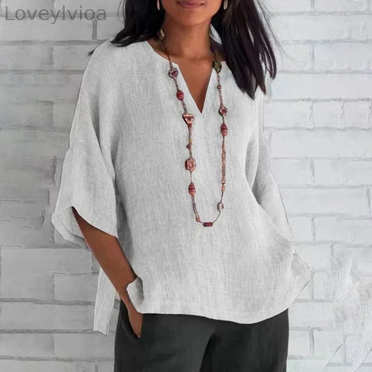 Loose Casual V Neck Cotton Linen Solid Color Blouse