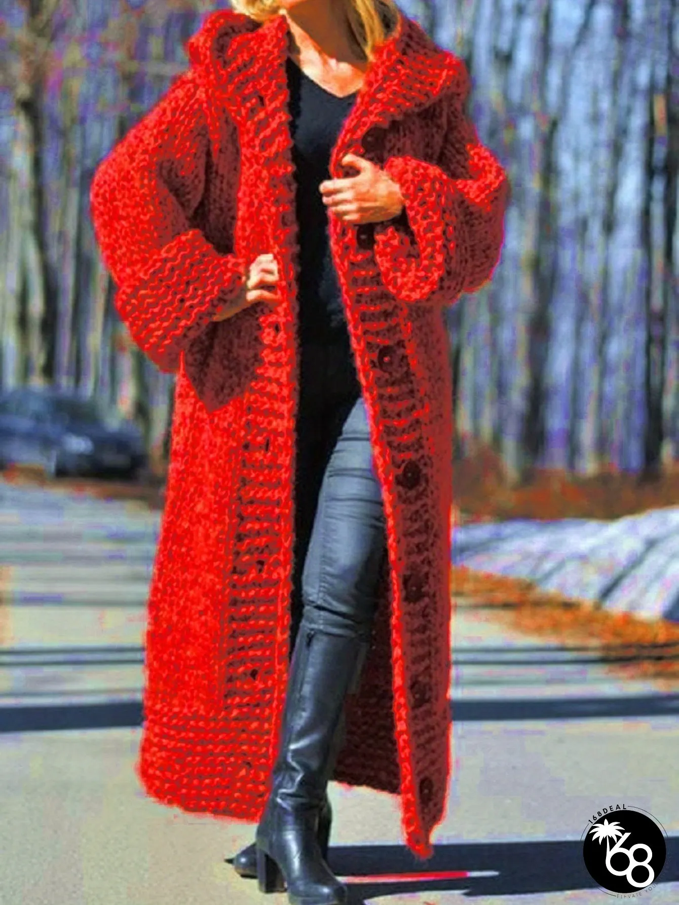 Womens Thick Oversized Hooded Cardigan Sweater Long Winter Coat-like with V-neck hood | 168DEAL