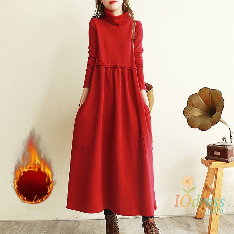 IO Dress Vintage Plus Fleece Autumn Winter Midi Dress Women Fashion Casual Turtleneck Over the Knee Solid Loose Temperament Long Dresses
