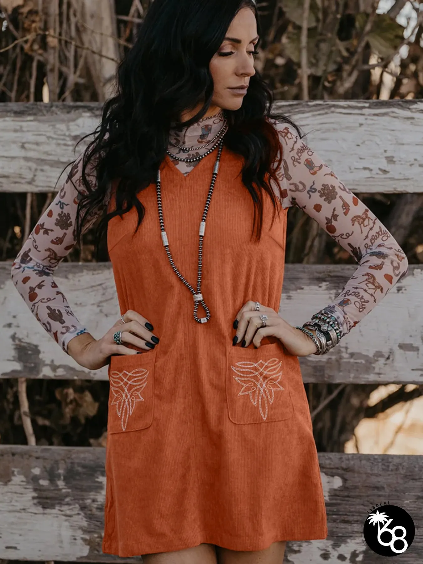 Womens Vibrant Orange Corduroy Golden Flame Embellished Sleeveless Mini Dress with Pockets | 168DEAL
