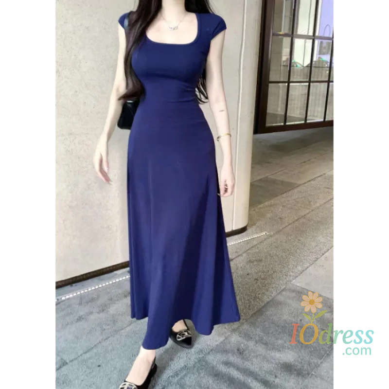 IO Dress Elegant High-end Feel French Style Square Collar Short Sleeves Dress Slimming Women's Waist-fitted Long Skirt
