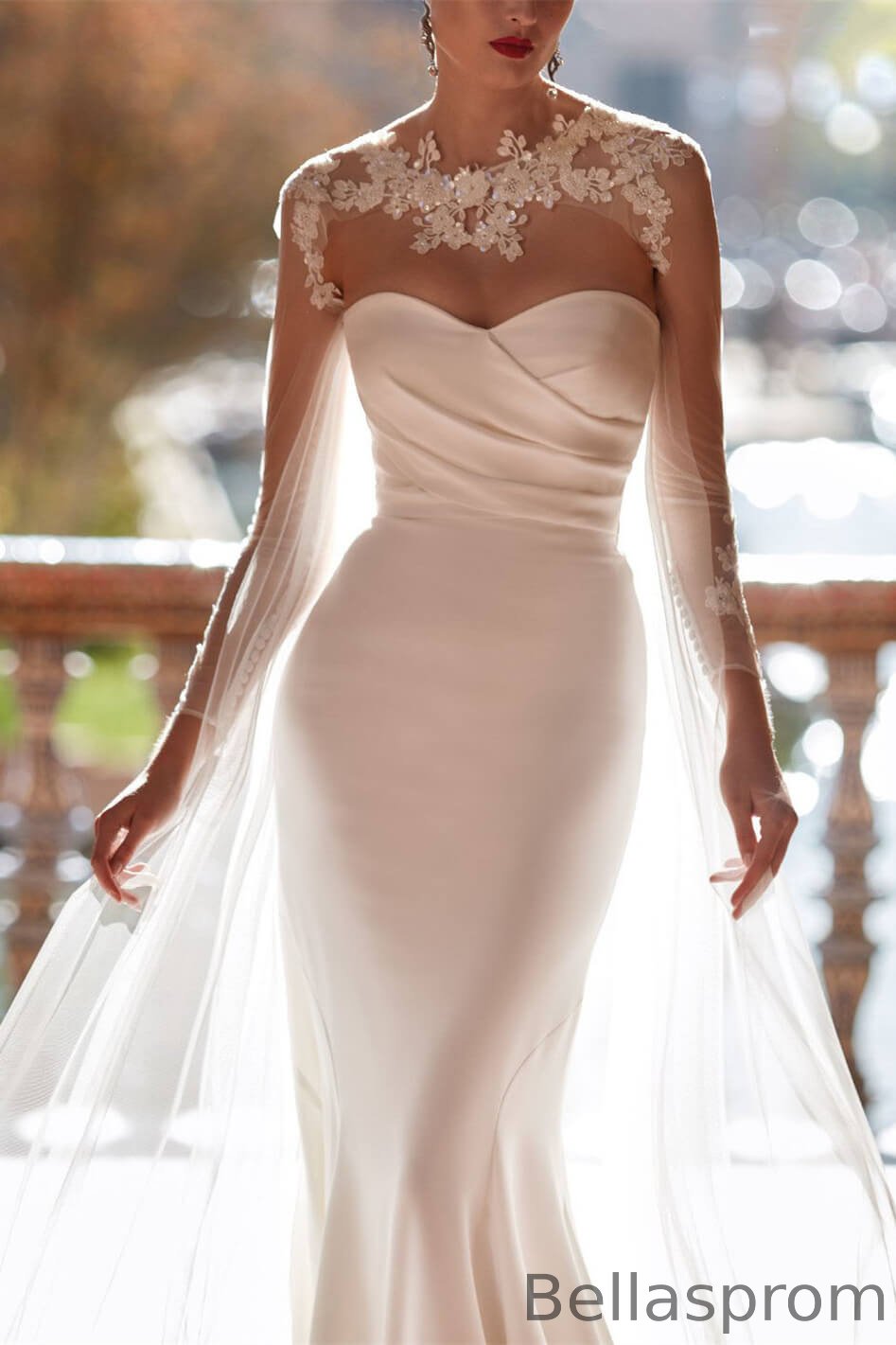 chinese dress ladies Ivory Long Sleeve Cape Lace Mermaid Wedding Dress with Appliques, White-Nude / 20