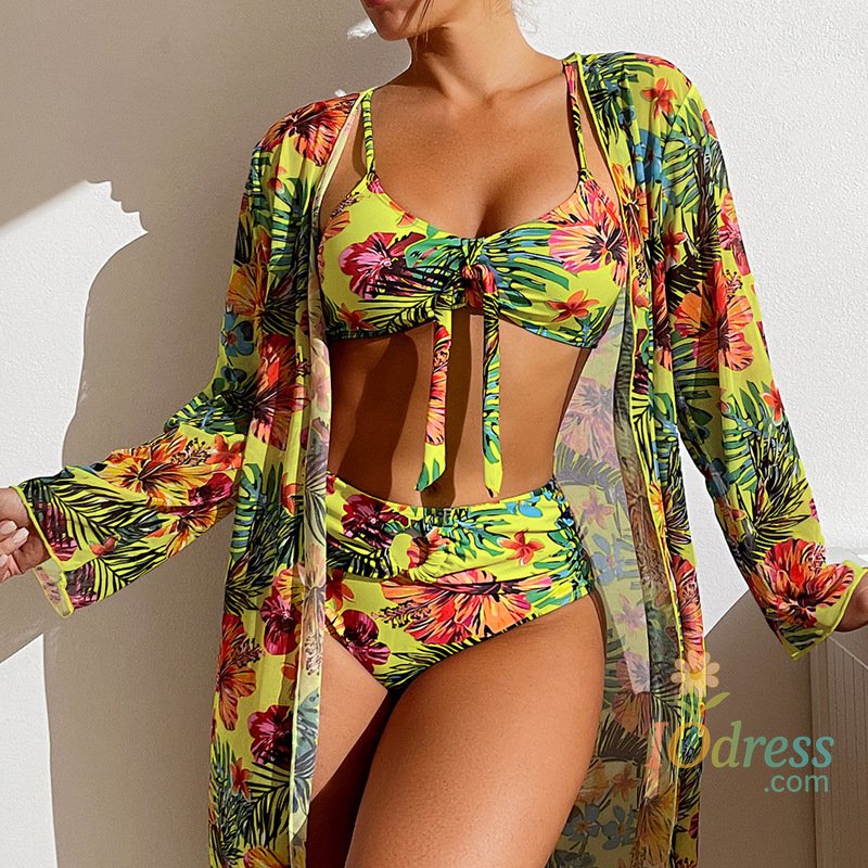IO Dress Bohemian Print Sexy Women's Beach Bikinis Three Pieces Bikini Set Cover Up Swimwear High Waisted Bikini Set Women Swimsuit 2025