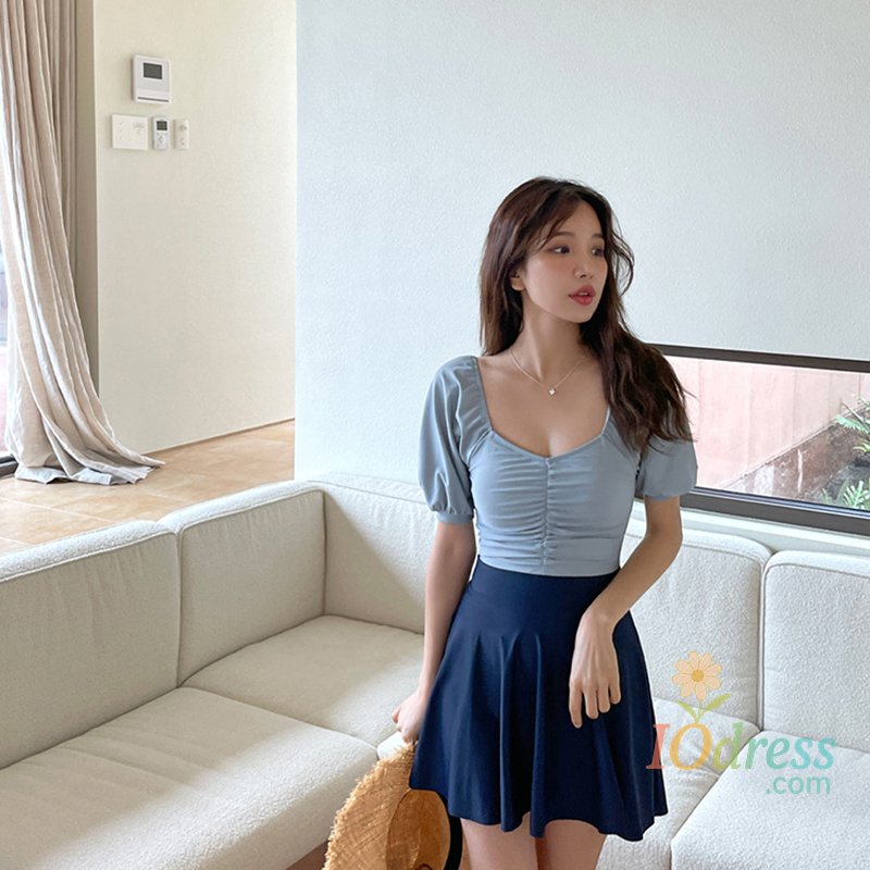 IO Dress One Piece Swimsuit Women Solid Patchwork Skirt Swimwear Push Up Monokini Short Sleeve Swim Suit Pleated Trikini Pad Bathing Suit