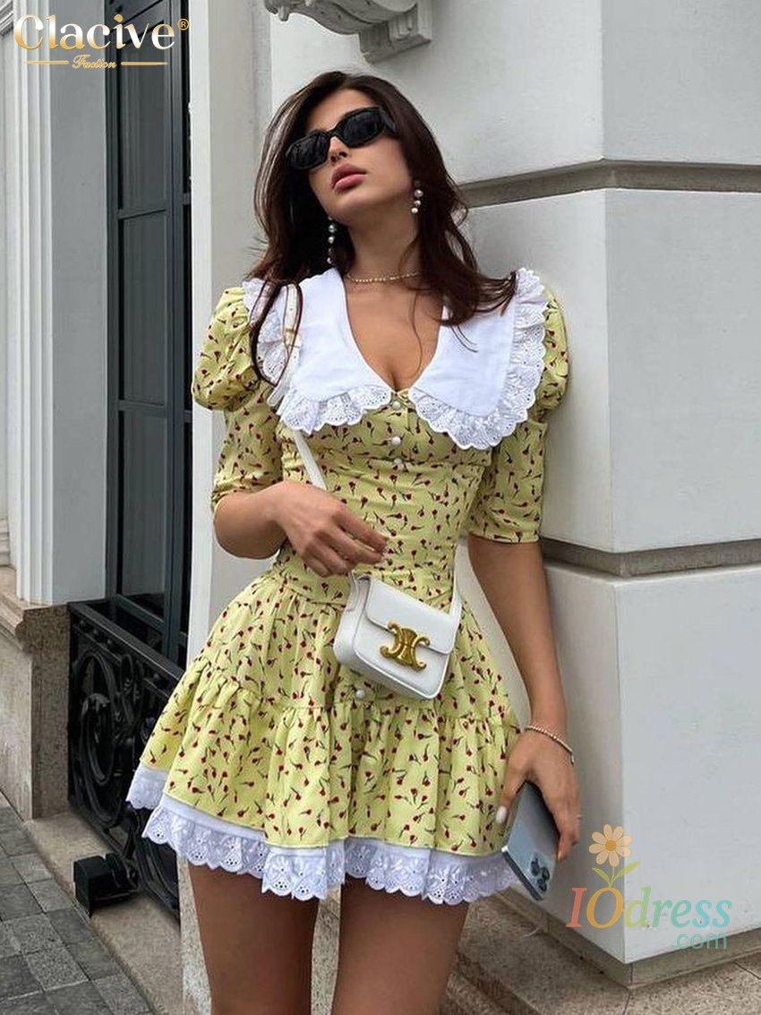 IO Dress Clacive Summer Slim Print Women'S Dress 2023 Bodycon Doll Collar Short Sleeve Mini Dresses Elegant Lace Patchwork Female Dress
