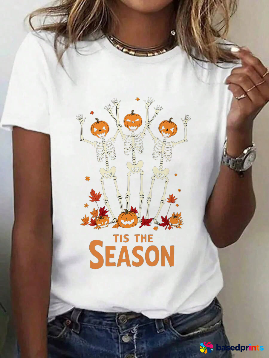 Halloween Skeleton Pumpkin Tshirt Women T Shirt Casual Short Sleeve Tee Tops