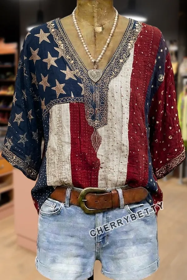American Flag Embroidered V-Neck Blouse