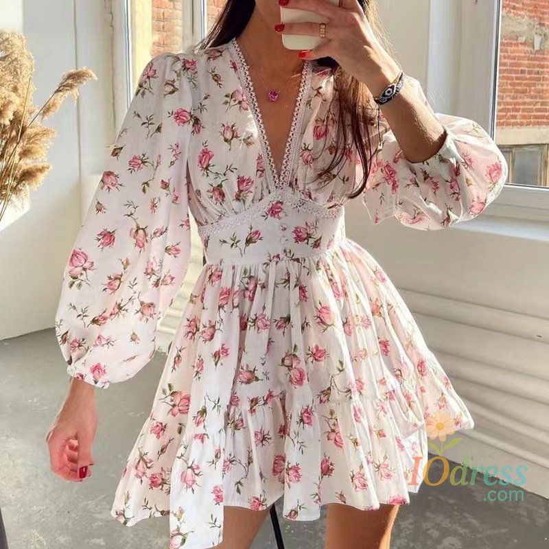 IO Dress Women Floral Print Mini Dress High Waist A-Line Summer Autumn Long Sleeve V Neck Dresses Vintage Beach Vacation Casual Vestidos