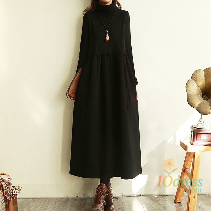 IO Dress Vintage Plus Fleece Autumn Winter Midi Dress Women Fashion Casual Turtleneck Over the Knee Solid Loose Temperament Long Dresses