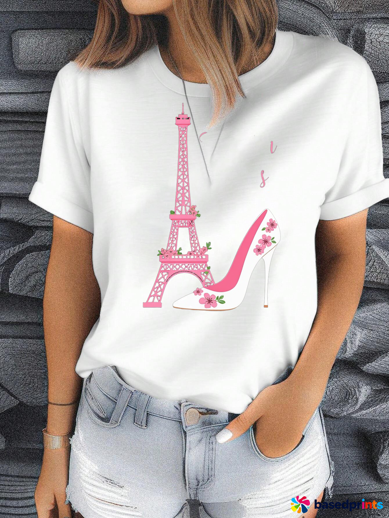 Pink Eiffel Tower High Heel T-Shirt Women's Casual Summer Short Sleeve Tops