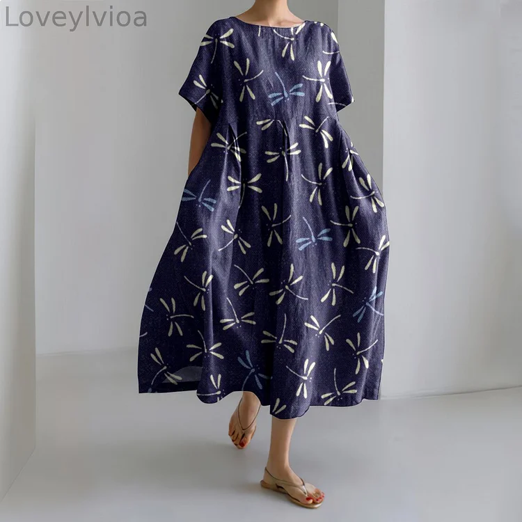 Women's Dragonfly Art Cozy Linen Maxi Dress