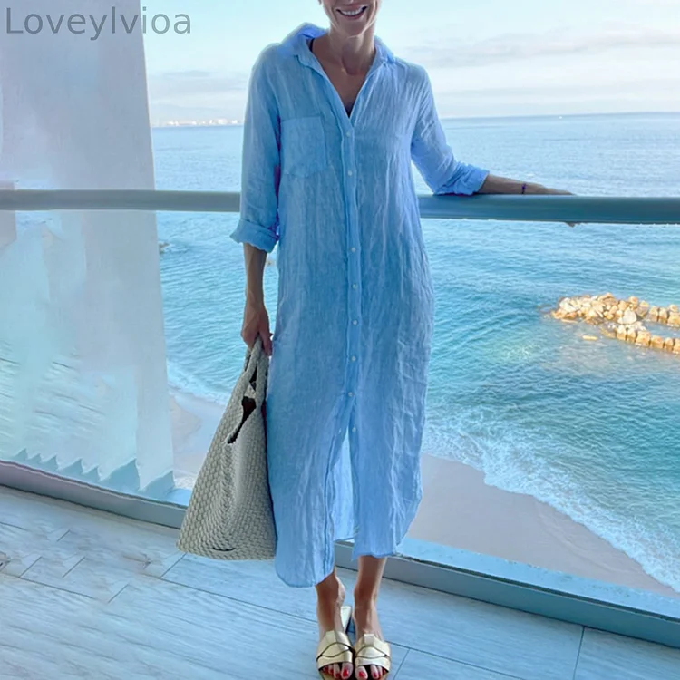 Comfortable Casual Shirt Collar Long Sleeved Maxi Dress
