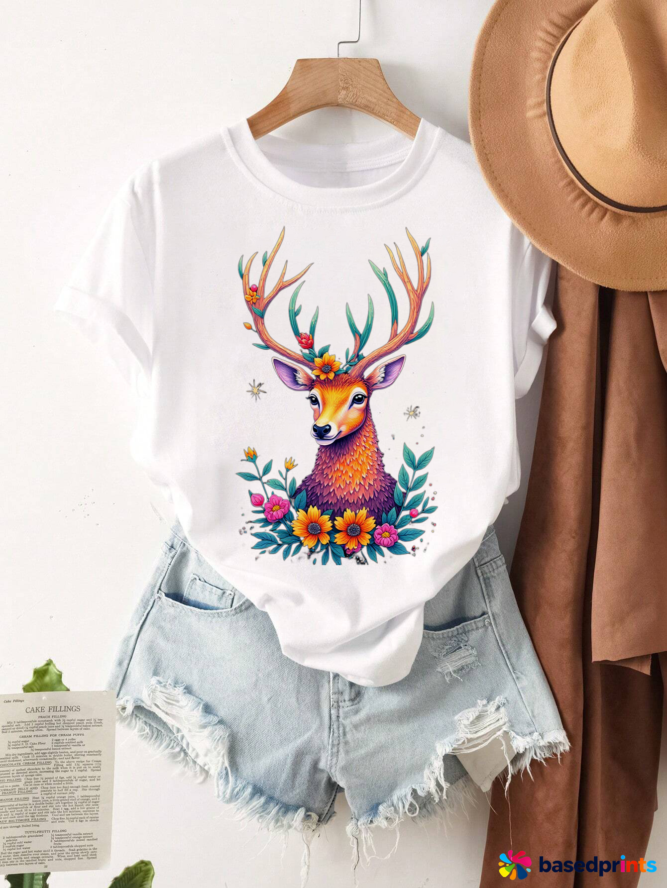 White Deer Print T-Shirt Women Short Sleeve Casual Tee Tops
