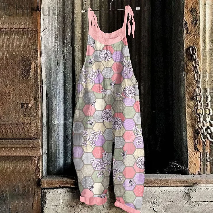 Honey Bees Splicing Pattern Casual Jumpsuit