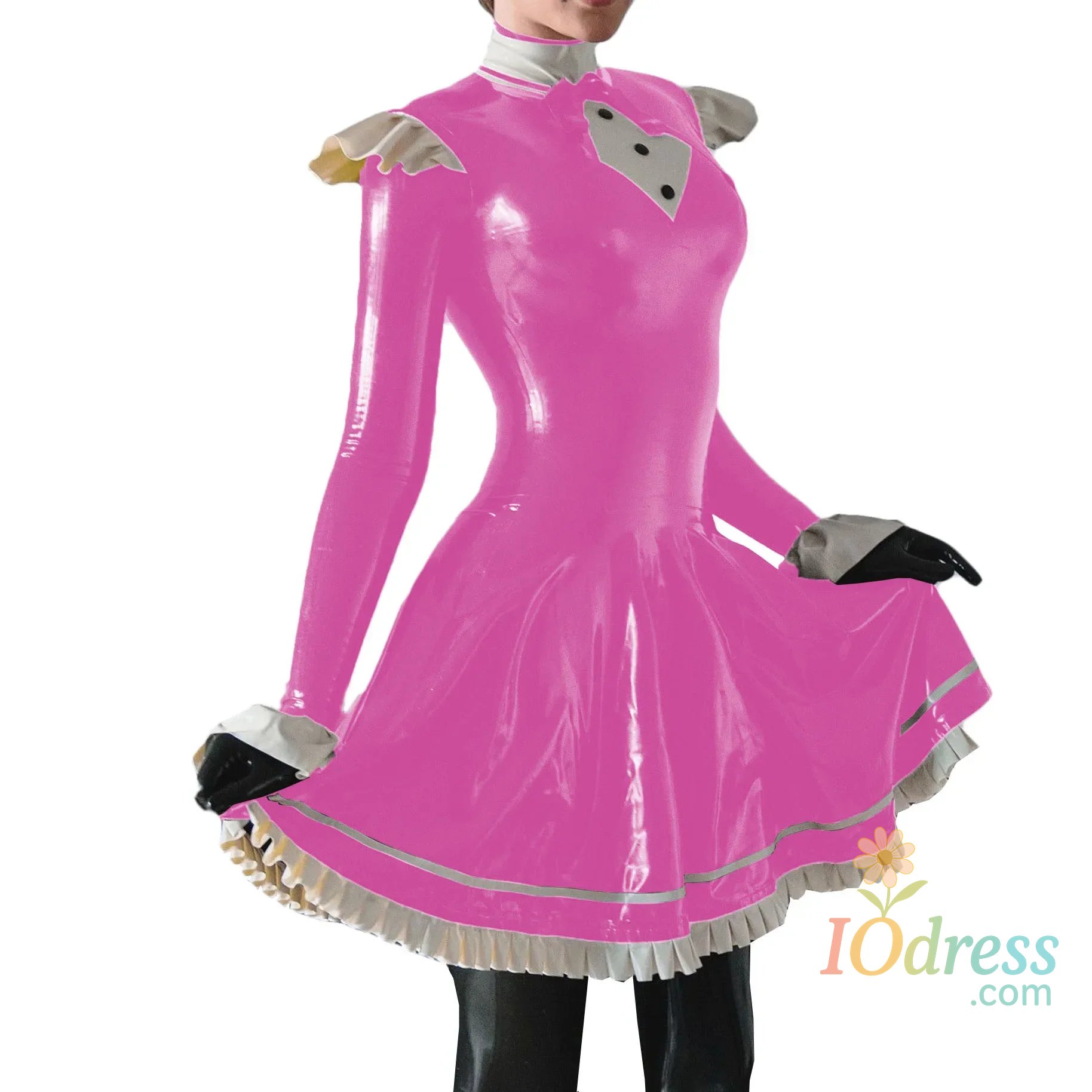 IO Dress Plus Size French Lolita Dress, Long Sleeve, High Neck Pleated Mini Vestido, Vinyl PVC Leather Ruched, Fantasia Carnival Costumes