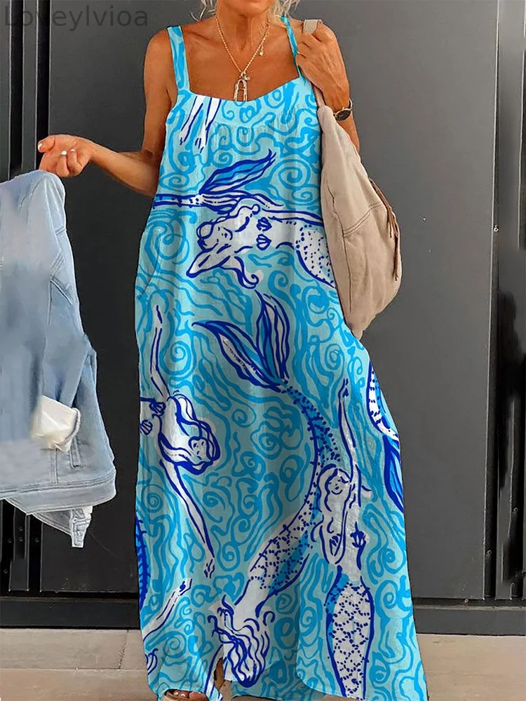 Women's Mermaid Art Print Large Size Loose Strap Print Dress Long Skirt