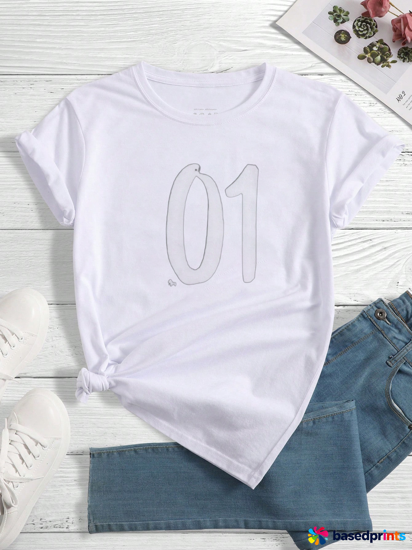White Casual T-Shirt with Number 01 Print