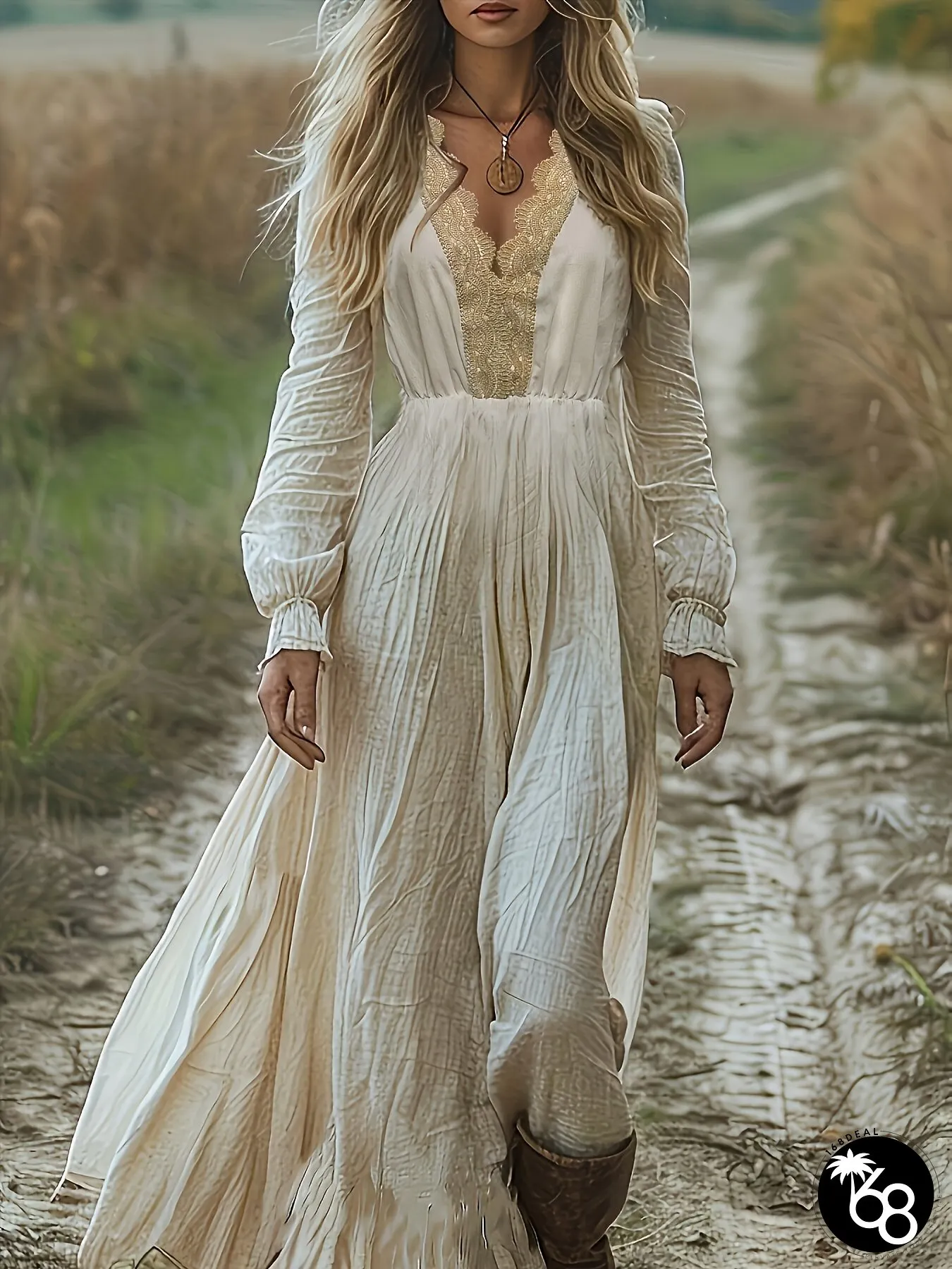 Women's Solid Color Vintage Bohemian Style Contrast Lacev-Neck Long Sleeve Elegant Dress | 168DEAL