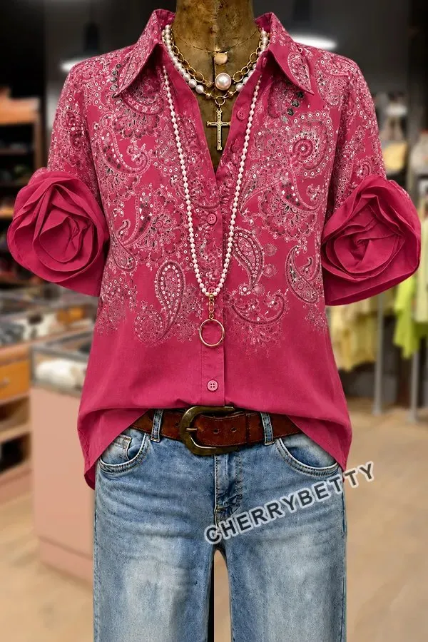 Gradient Paisley Print Short Sleeve Rose Floral Cuff Blouse