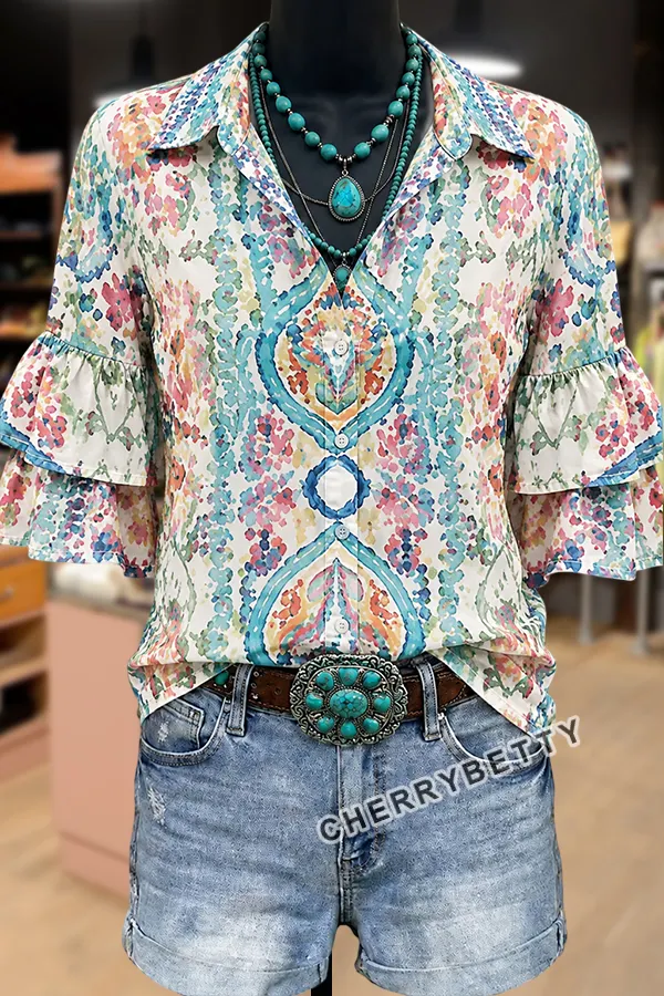 【新品未使用】Lure you in / Bouquet frill tops CHERRYBETTY Colorful Floral Print Collared Ruffle Sleeve Top