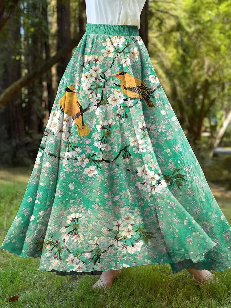 Women's Flower And Bird Oil Painting Art Print Elastic Waist Retro Skirt?