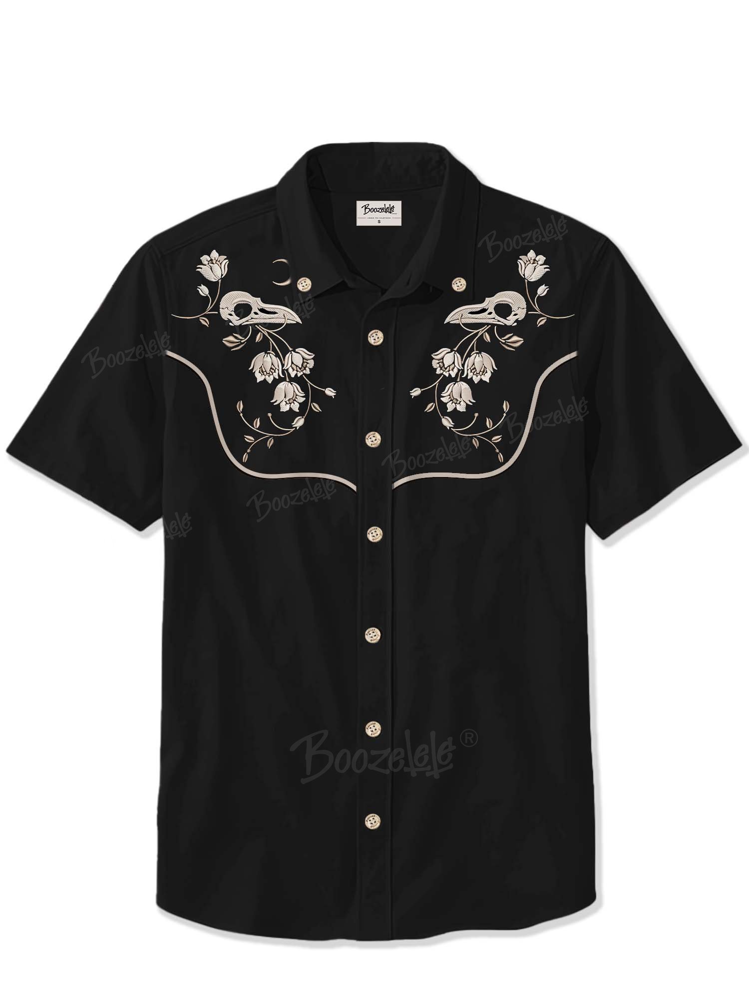Embroidery】Flower And Raven Skull Print Men's Hawaiian Shirt