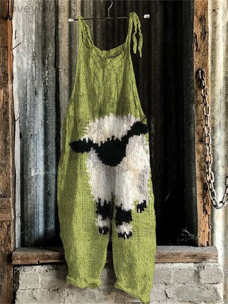 Fuzzy Peeking Sheep Knit Loose Fit Jumpsuit