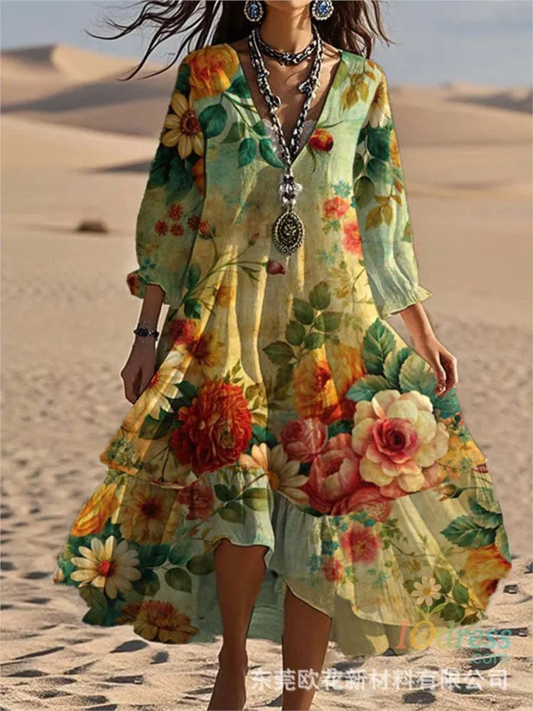 IO Dress Casual Loose Retro Printed 7-quarter Sleeve Women's Dresses Spring Autumn Fashion Elegant Female Seaside Vacation Robe Dress2025 IO Dress