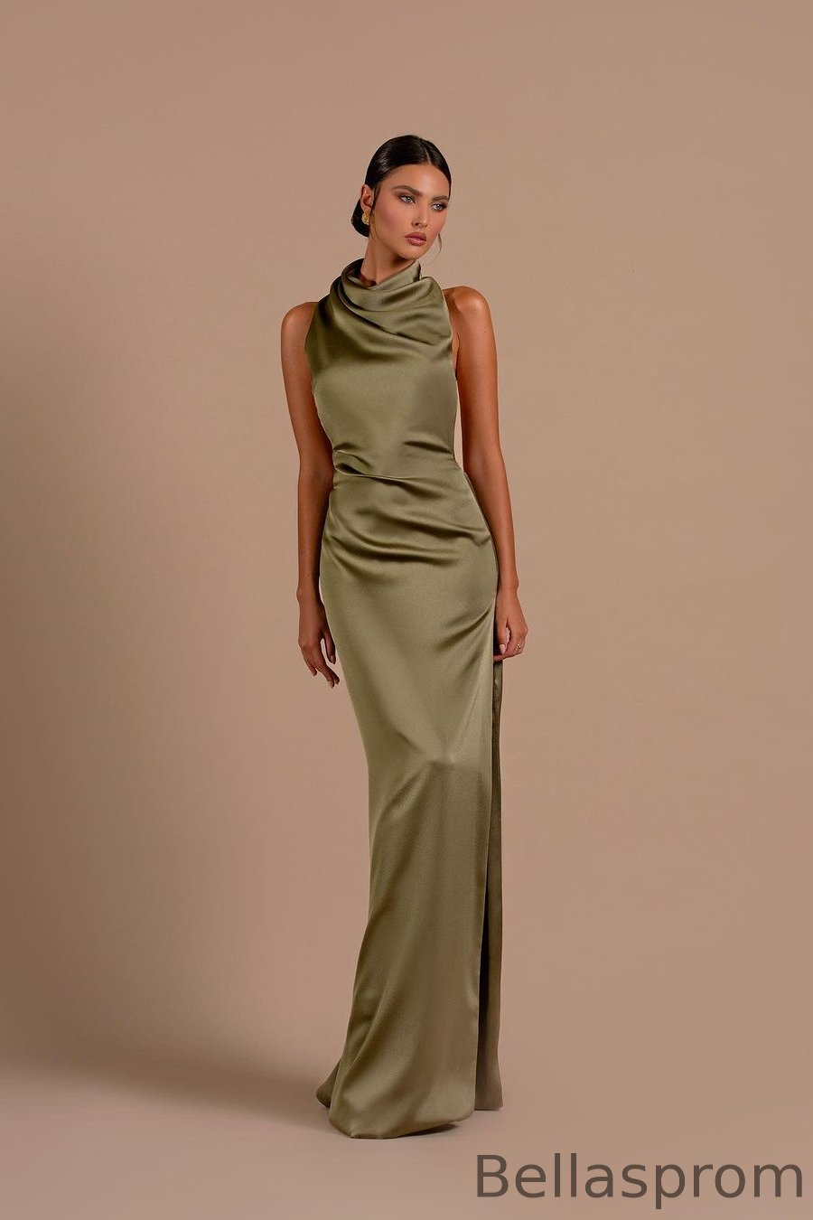 open lace back dress Olive Green Mermaid Beaded Satin Long Prom Dress , AST904 – Asteria main image 0