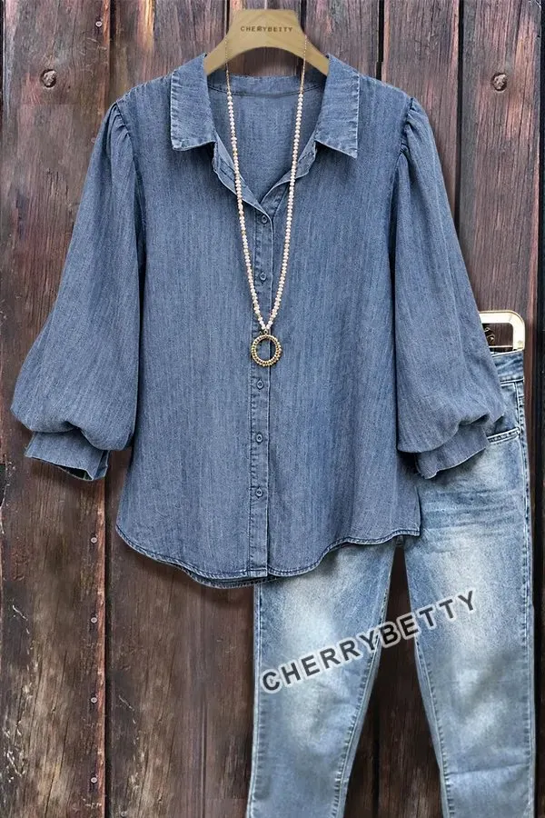 Casual Button Down Three Quater Bubble Sleeve Top
