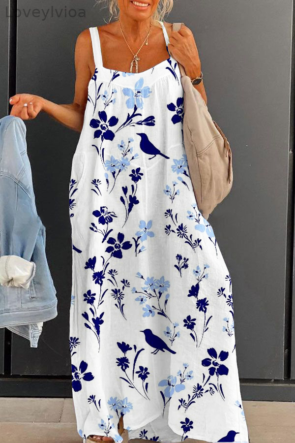 Women's White Pastoral Style Large Size Loose Strap Printed Dress Long Skirt