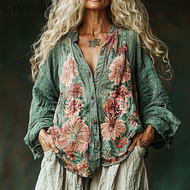 Women's Vintage Linen Flower Print Long-sleeved Shirt