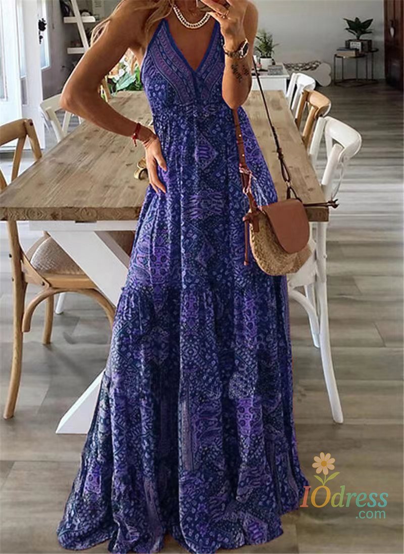 IO Dress 2025 Women's Summer Boho Long Dresses Elegant V Neck Party Dresses Vintage Printed Sleeveless Sexy Slim Maxi Beach Dress Mujer