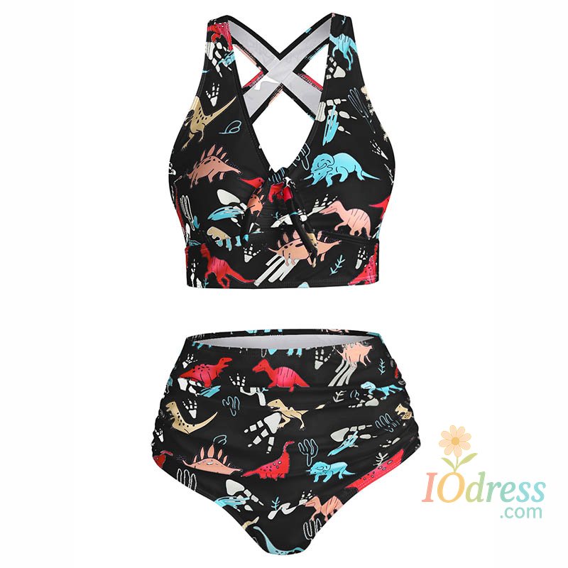 IO Dress 2025 Women's Tummy Control Tankini Set Swimsuit Cartoon Dinosaur Print Bathing Suit Ruched Bowknot Crisscross Beach Swimwear