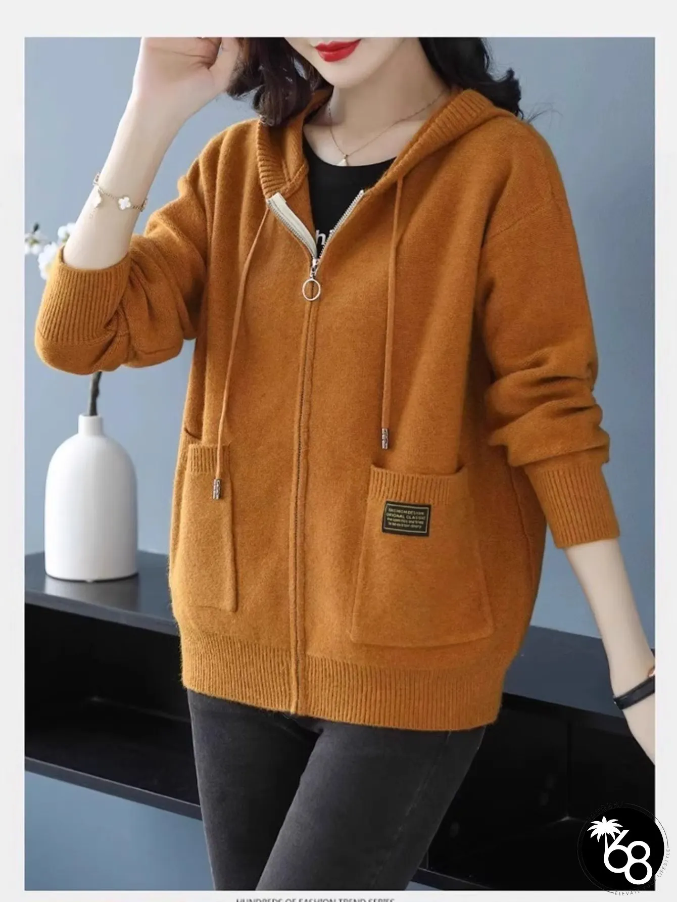 Womens Beige Full-Zip Hooded Cardigan Sweater Elegant Loose Jacket with Front Pocket | 168DEAL