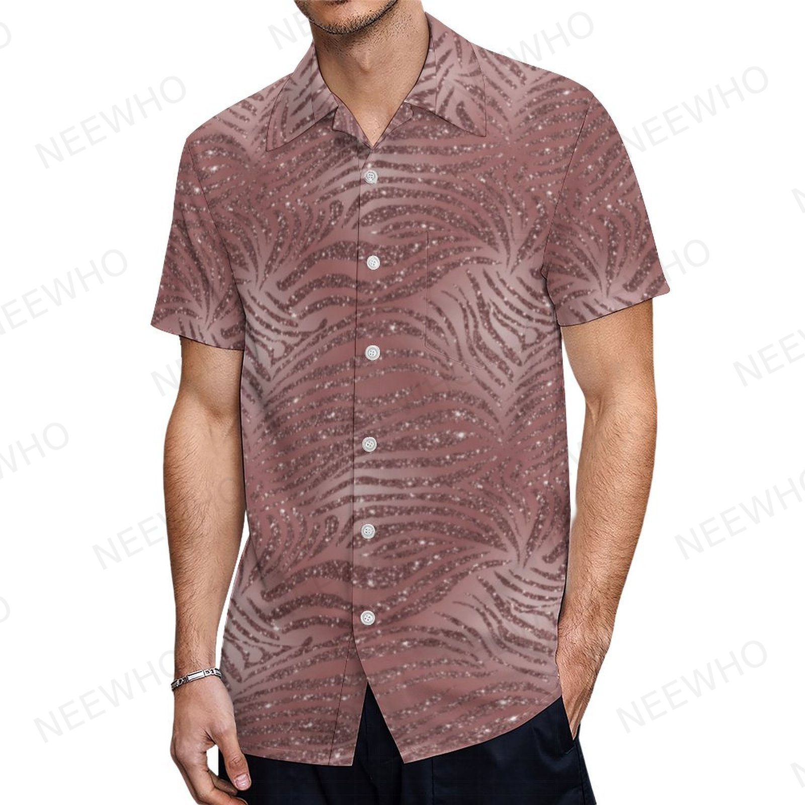 Rose Gold Glitter Tiger Stripes Men's Hawaiian Vacation Aloha Button Down Shirt Hawaii T Shirt Gold & Stripes-L